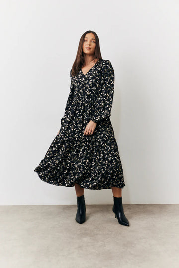 Black Ditsy Floral Printed Wrap Midi Dress